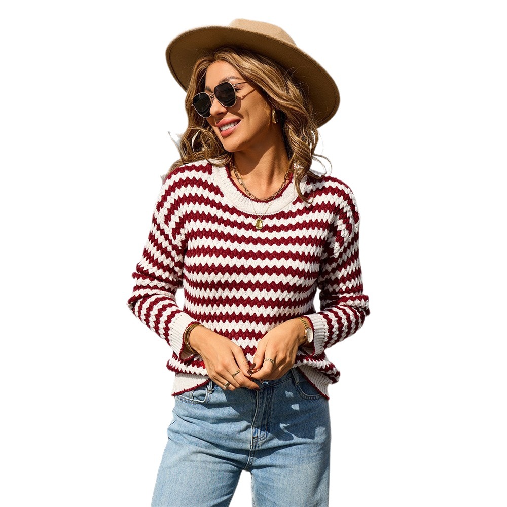 Striped Knit Sweater with Wave Neckline Long Sleeve Slim Fit