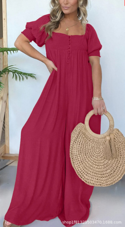 Plus Size Solid Color Puff Sleeve Ruched Jumpsuit