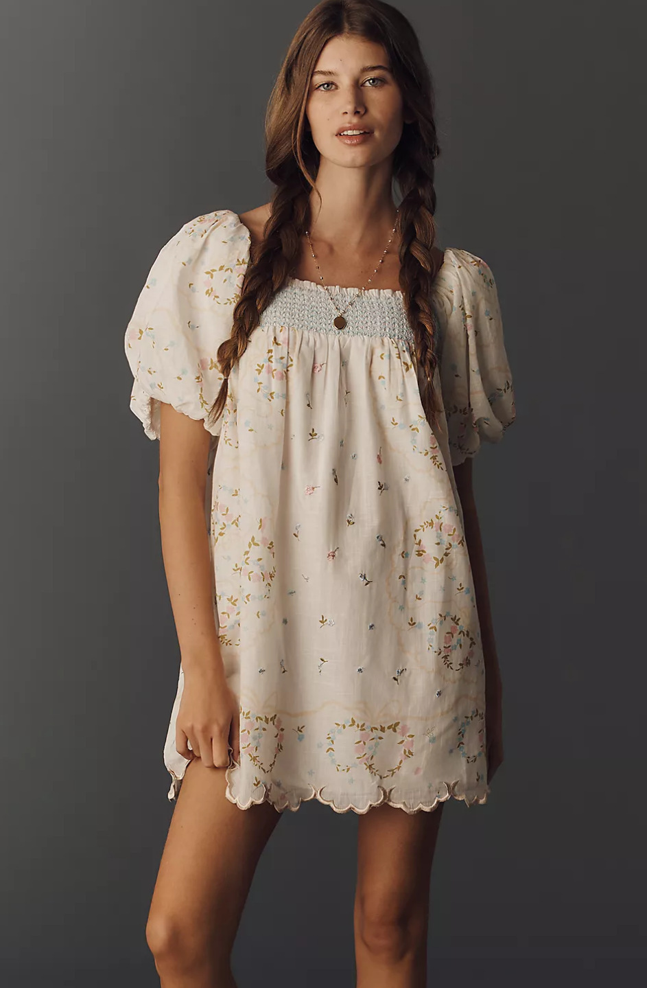 Women's Summer Low Neck Lace Trim Puff Sleeve Floral Print Dress