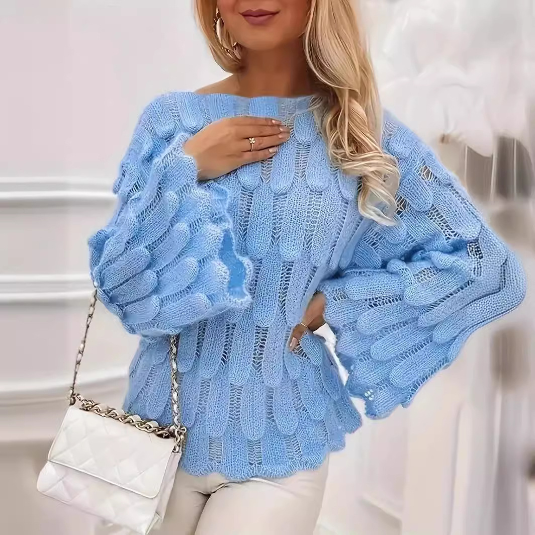 Feather-Trim Open-Knit Pullover Sweater