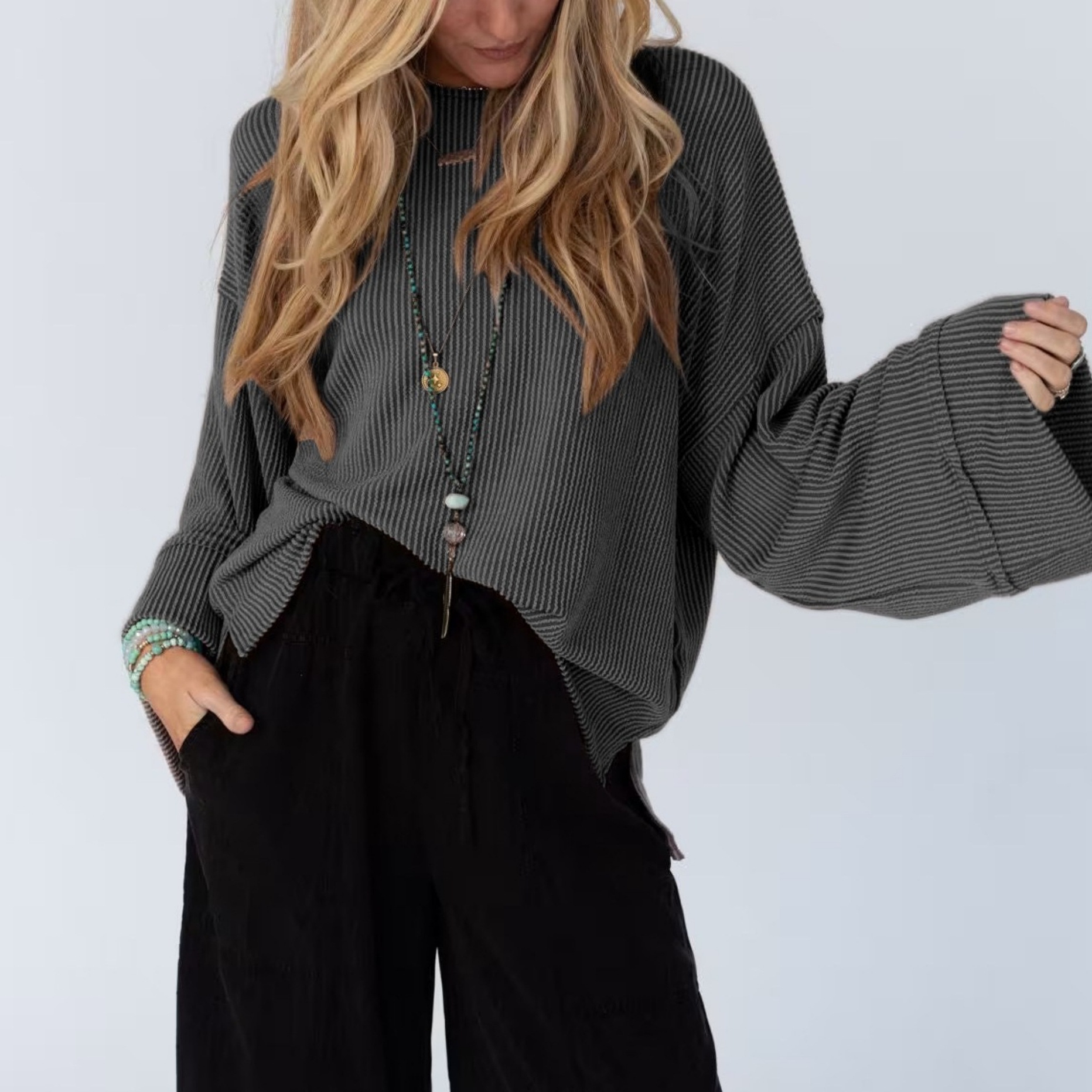 Women's Cutout Twist Ribbed Long Sleeve T-Shirt Loose Casual Top