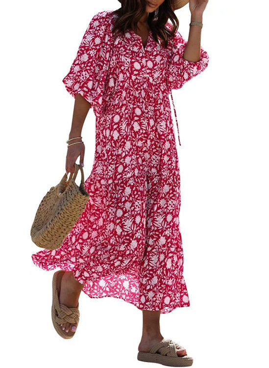 Geometric Print Puff Sleeve Maxi Dress with High Waist and Tie Detail
