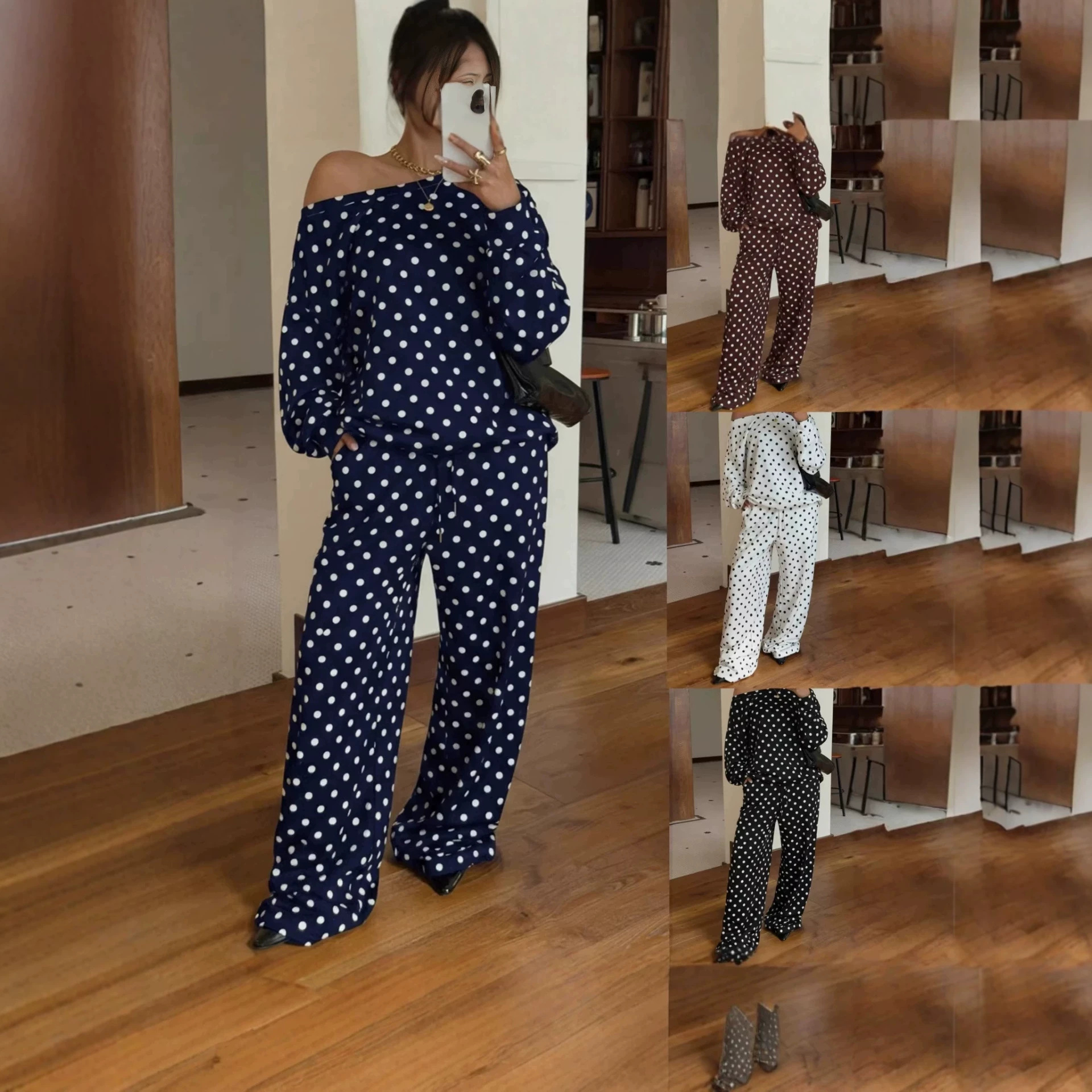 Women's Polka Dot Print One-Shoulder Long Sleeve Drawstring Pants Casual Set