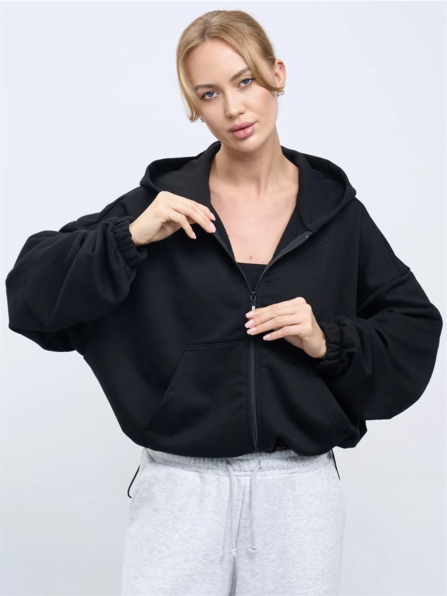 Women's Solid Color Hooded Zip-Up Waist-Cinching Short Jacket