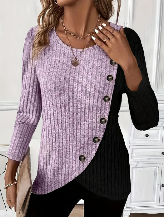 Women's Colorblock Ribbed Knit Long Sleeve Round Neck T-Shirt with Cross Hem