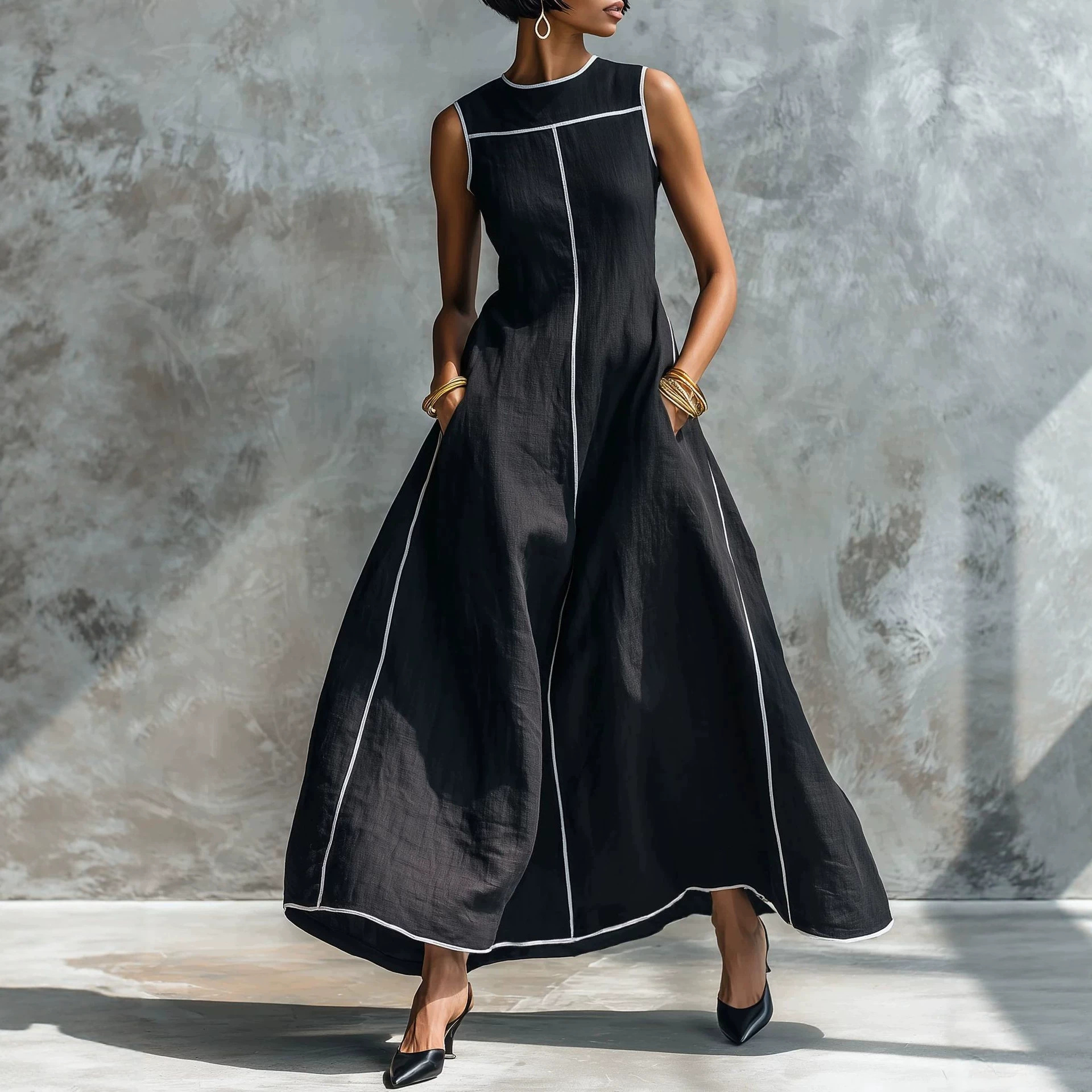 Women's Linen-Blend Sleeveless A-Line Dress with Contrast Trim
