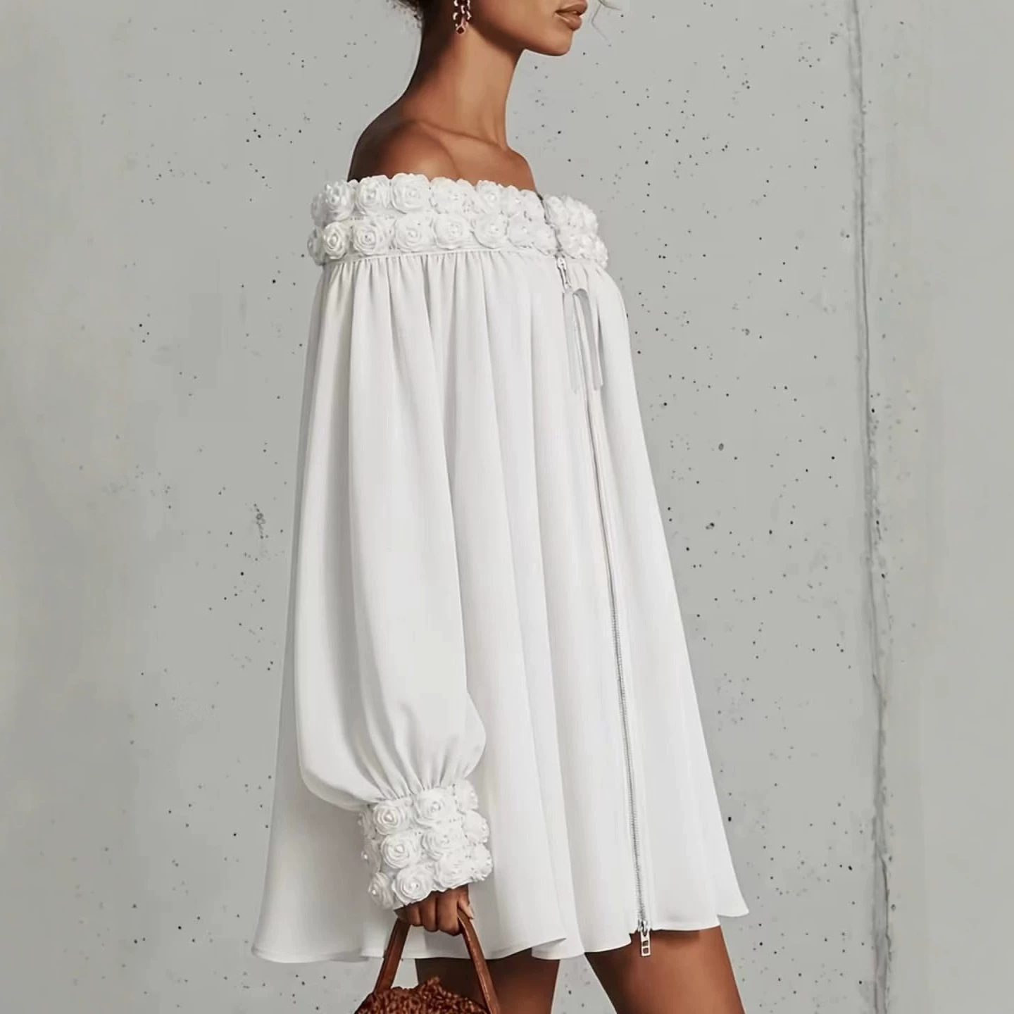Off-Shoulder Floral Dress with Puff Sleeves and A-Line Skirt
