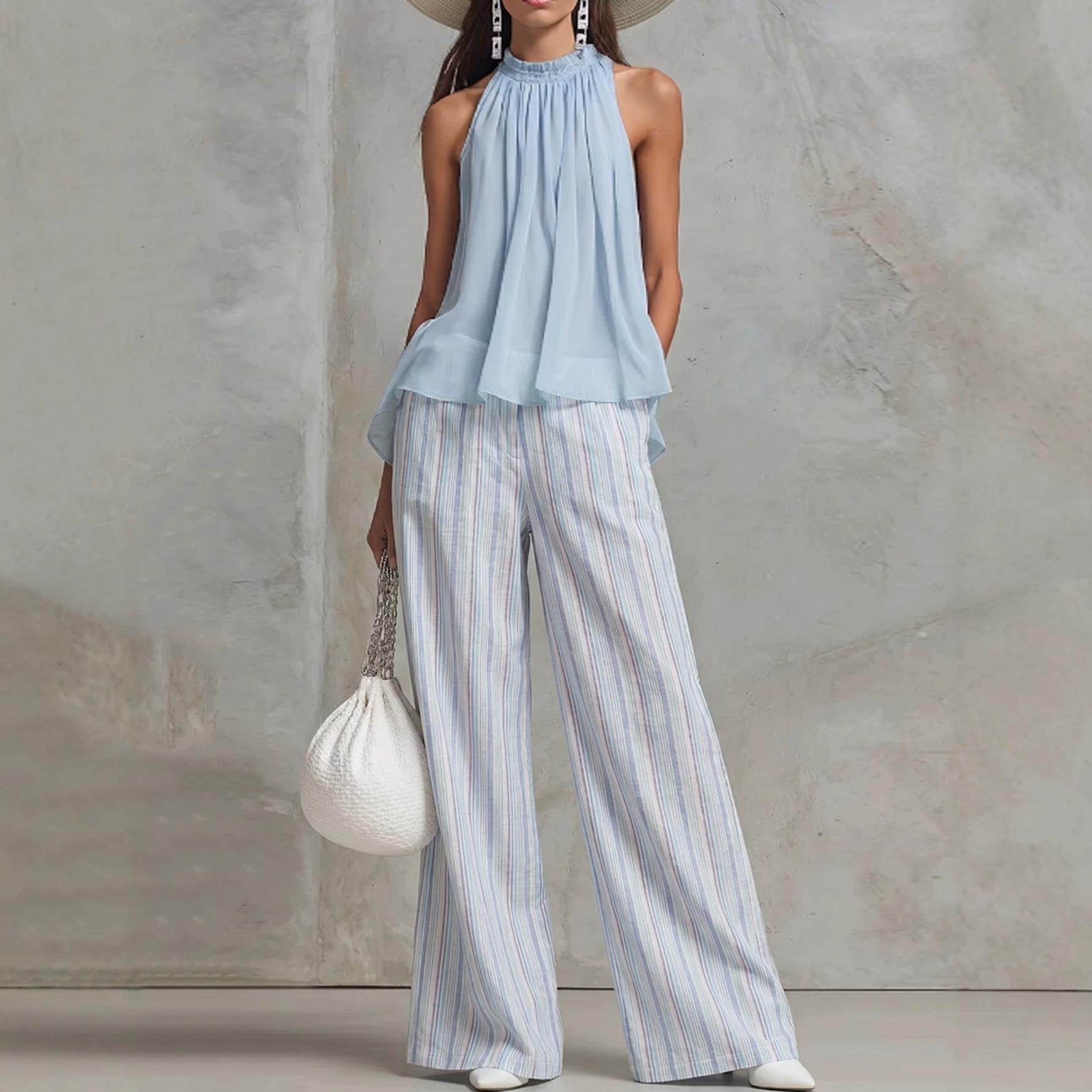 Sleeveless Colorblock Striped Top & Wide-Leg Pants Set