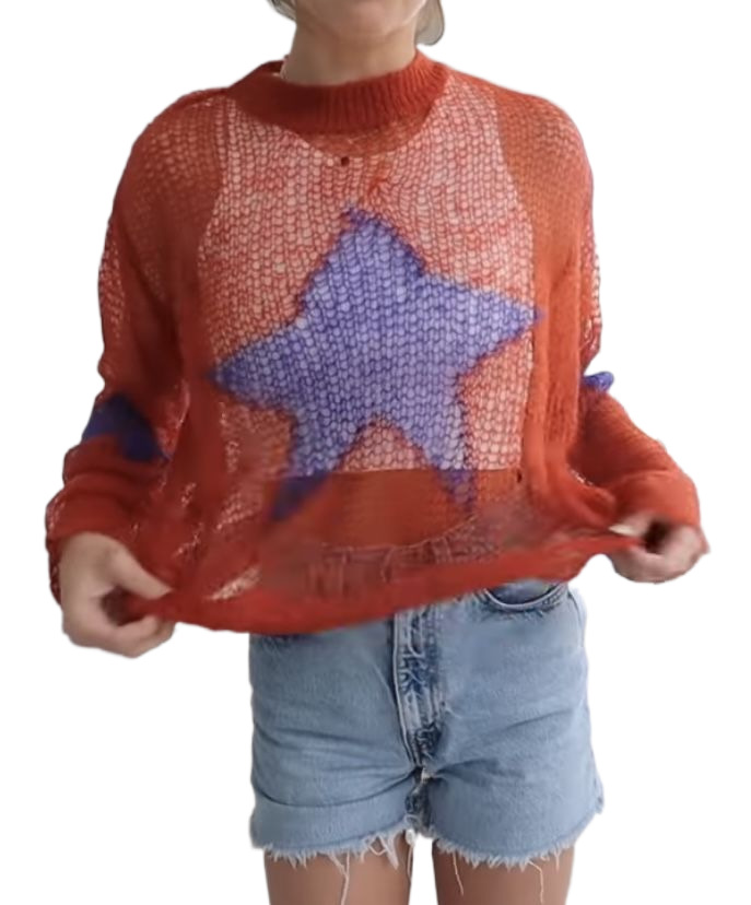 Sexy Sheer Star Knit Sweater Women's Loose Crewneck Long Sleeve Pullover