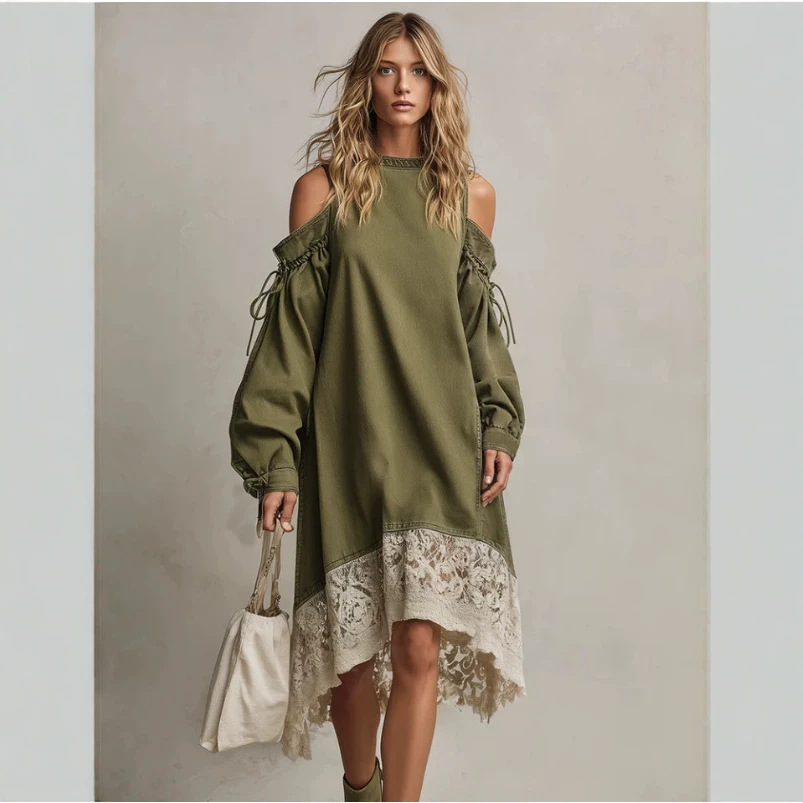 Bohemian Off-Shoulder Lace-Up Denim Dress