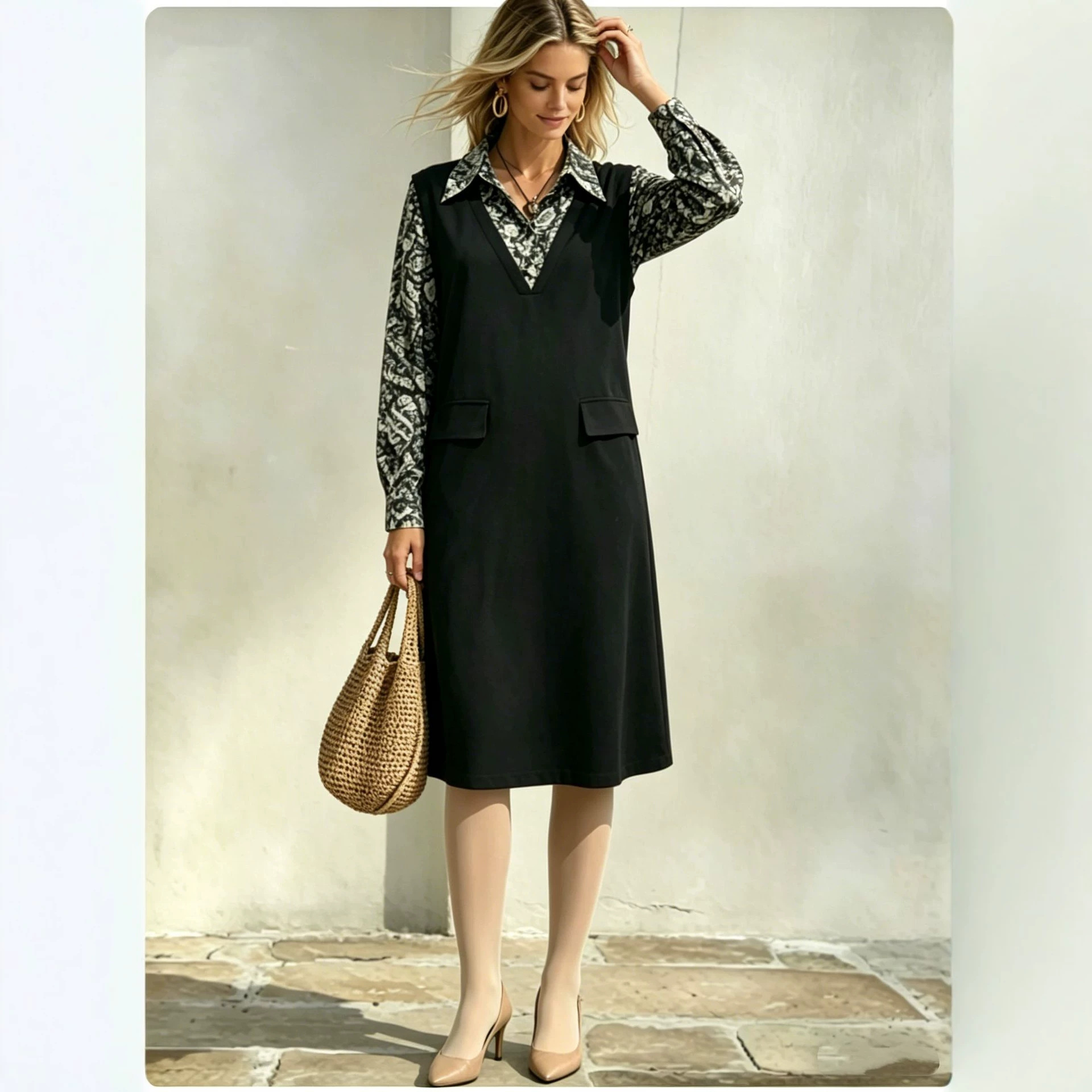 Women's Plus Size Colorblock Faux Two-Piece Long Sleeve Midi Dress