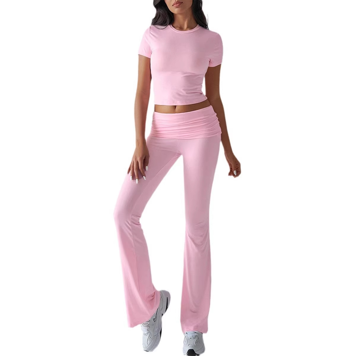 Women's Solid Color Slim Fit Short Sleeve Top and Pants Set