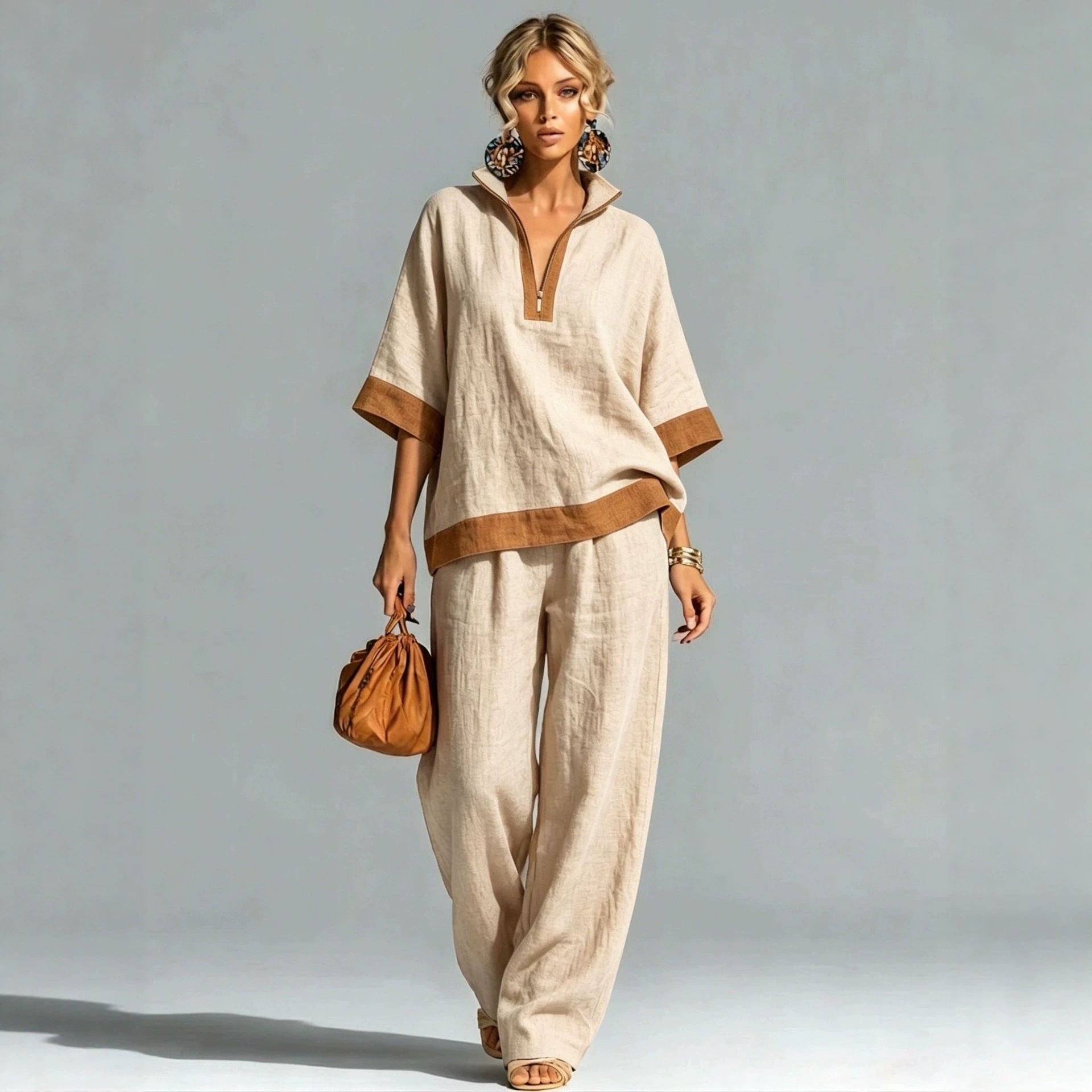 Women's Color-Block Half-Zip Cotton-Linen Shirt & Pants Set