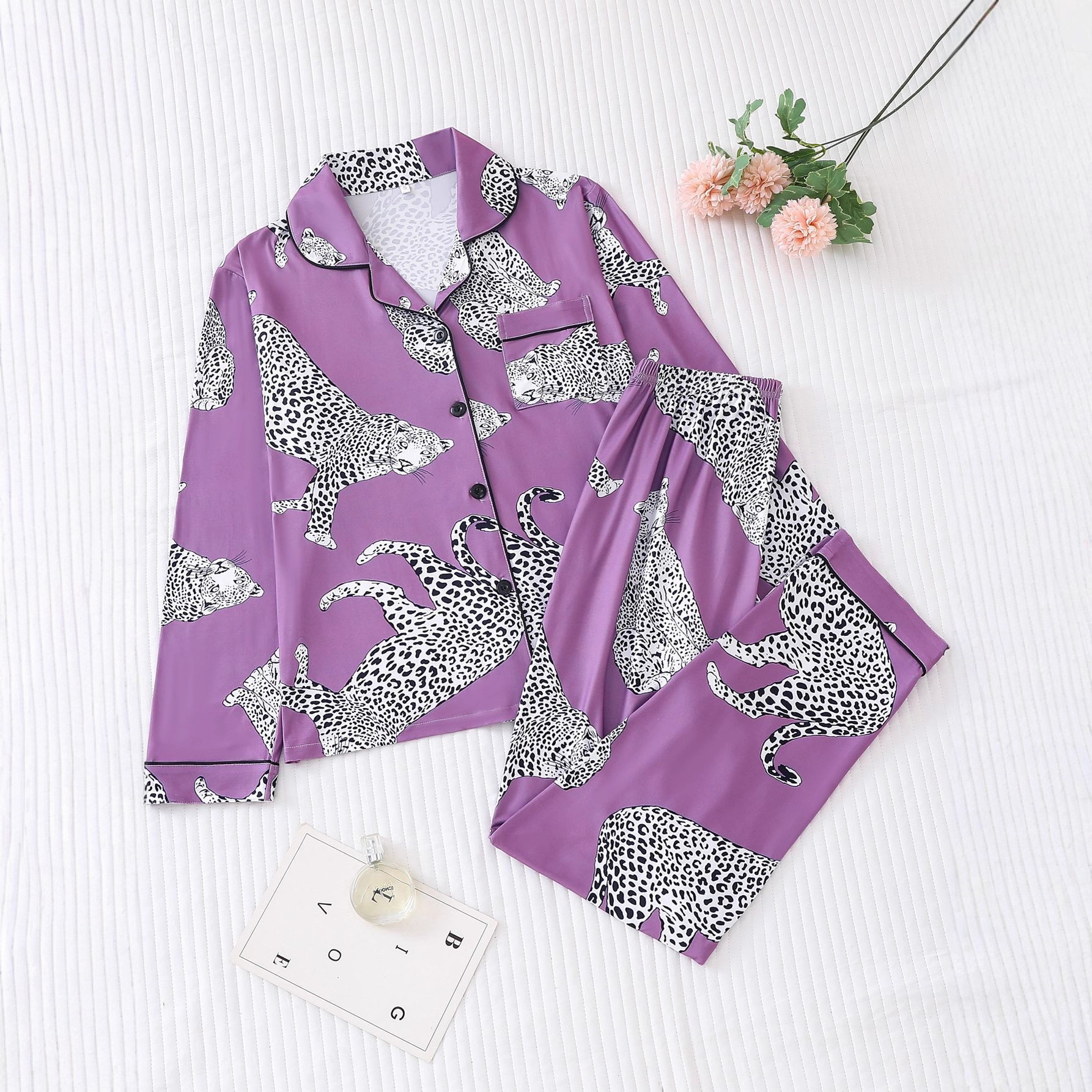 Women's Cuban Collar Leopard Print Long Sleeve Lounge Set