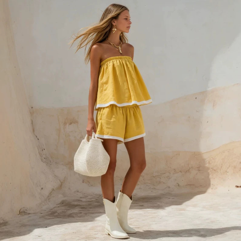 Colorblock Cotton-Linen Sleeveless Top and Shorts Set
