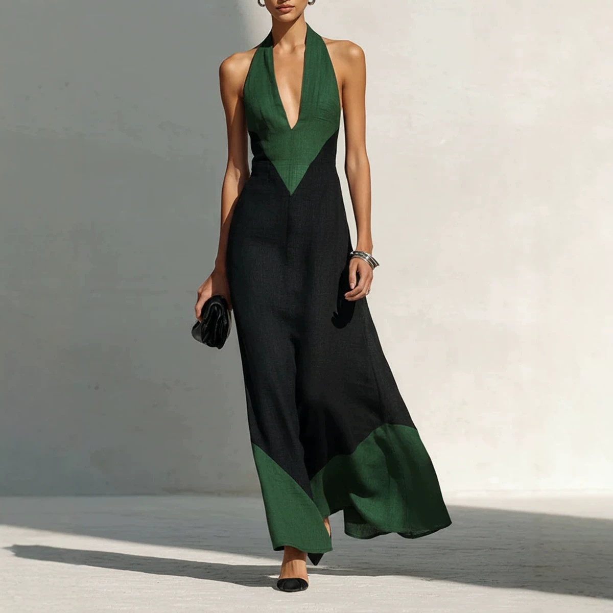 Color-Block Halter Neck Linen-Blend Off-Shoulder A-Line Maxi Dress