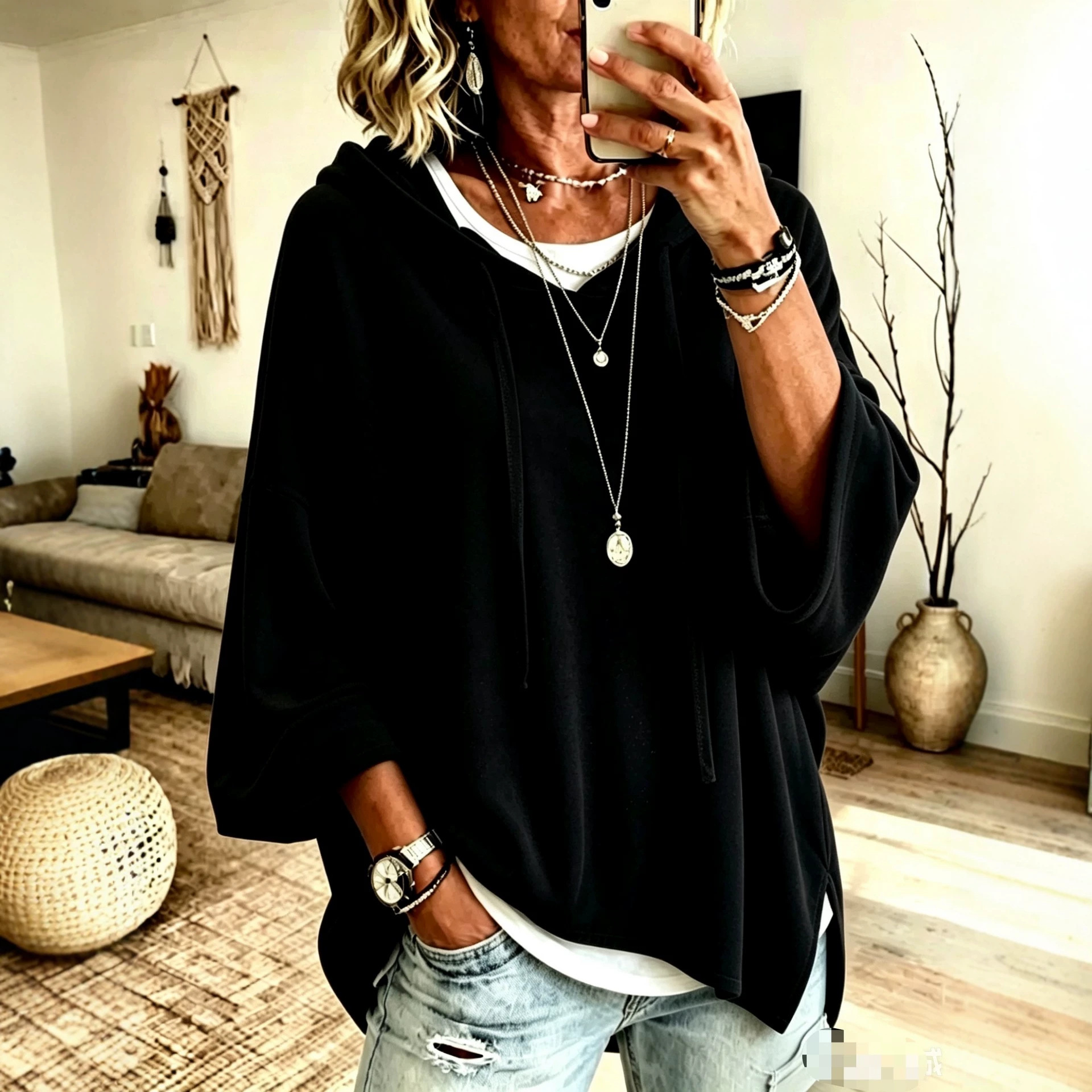 Solid Color 3/4 Sleeve Hooded Drawstring Loose Casual Sweatshirt for Women