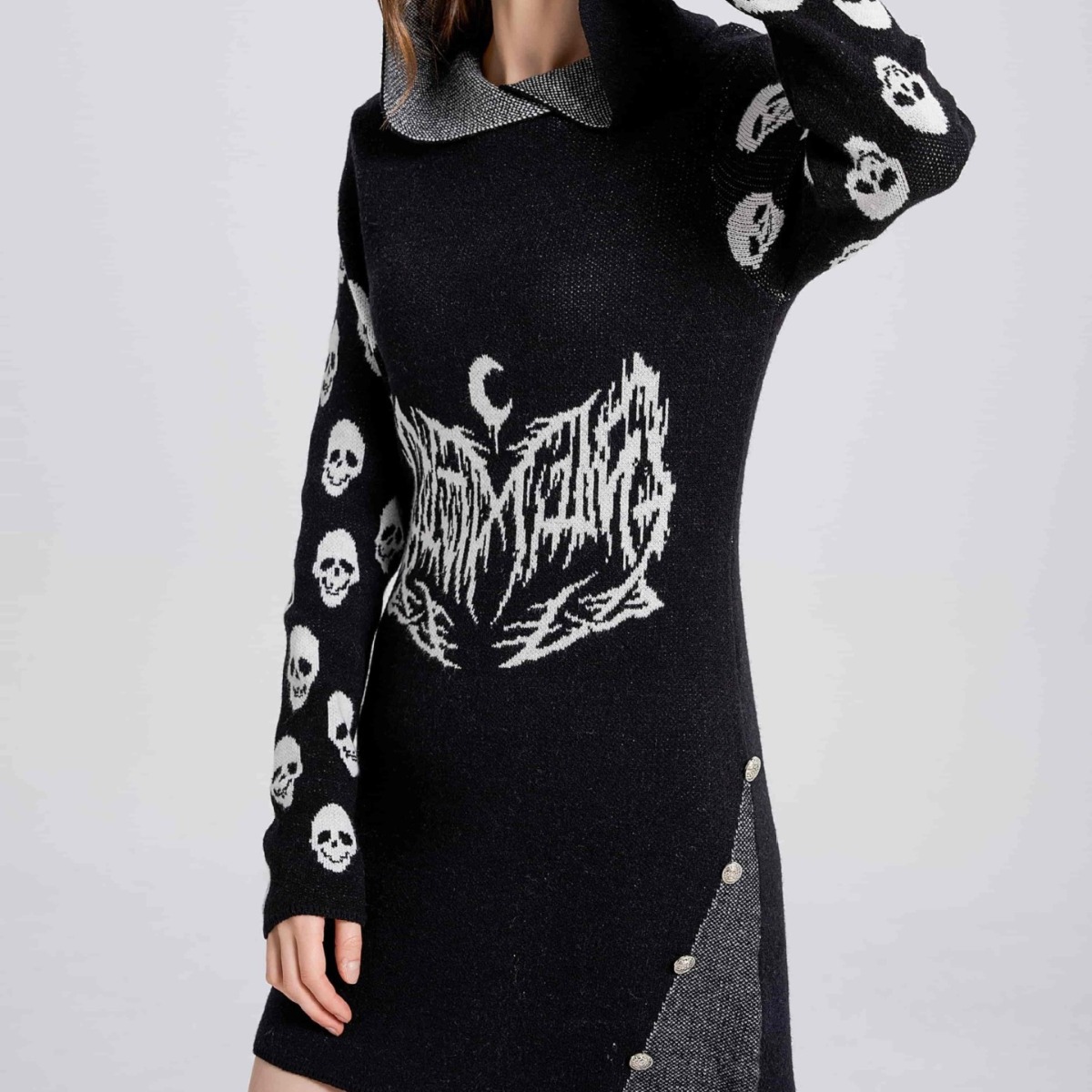 Gothic Hooded Knit Sweater Dress with Skull Pattern, Mid-Length