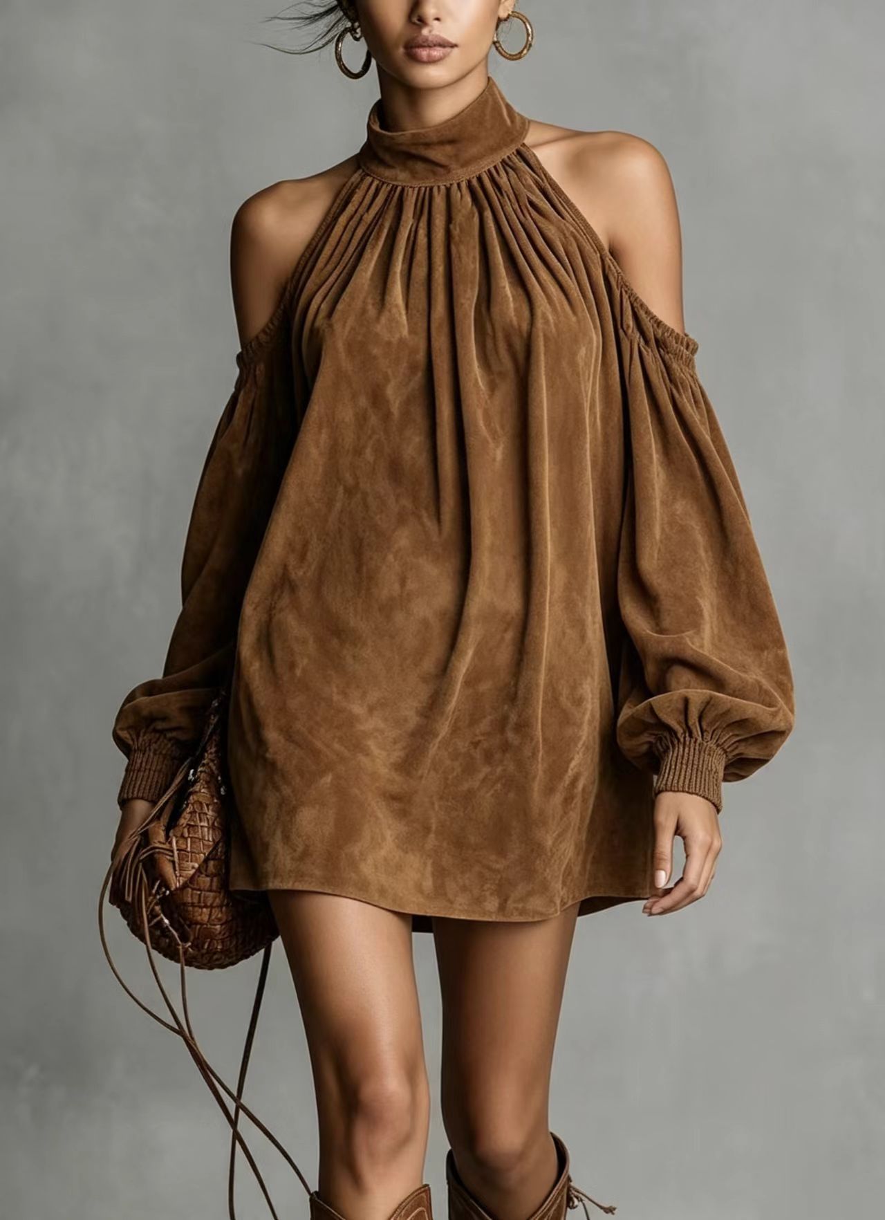 Women's Faux Suede Halter Mini Dress with Lantern Sleeves