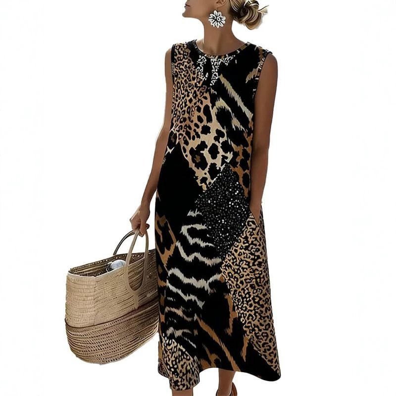 Women's Floral Leopard Print Ruched Midi Dress