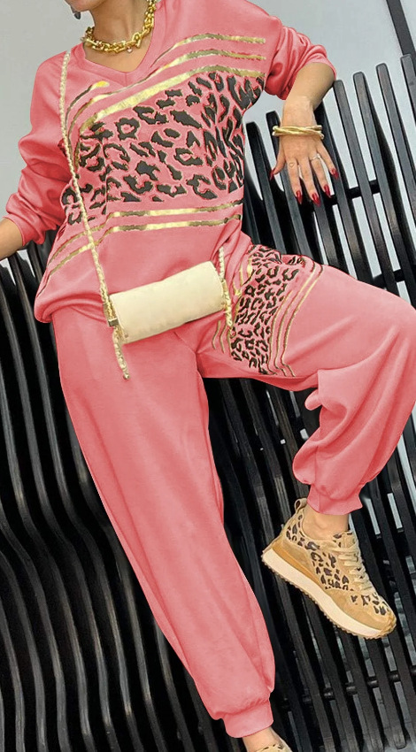 Leopard Print Gold-Stamped Hoodie & Pants Two-Piece Set, Loose Fit