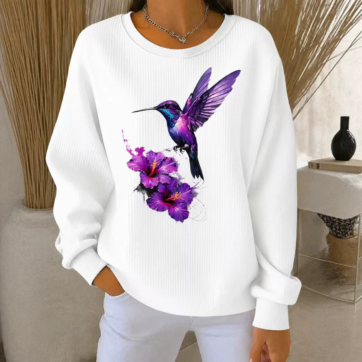 Purple Hummingbird Floral Print Crewneck Long-Sleeve Pullover Sweatshirt