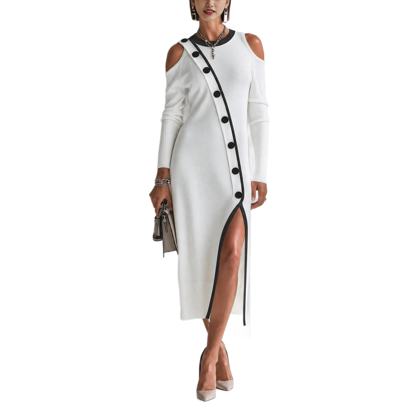 Color-Block Off-Shoulder Knit Dress with Asymmetric Button Slit Slimming Midi