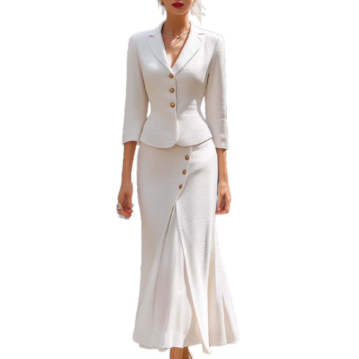 Women's Solid Color Single-Breasted 3/4 Sleeve Blazer and Slit Midi Skirt Set