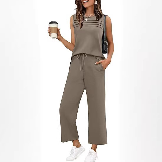 Women's Sleeveless Crewneck Top and Pants Two-Piece Set Casual Solid Color