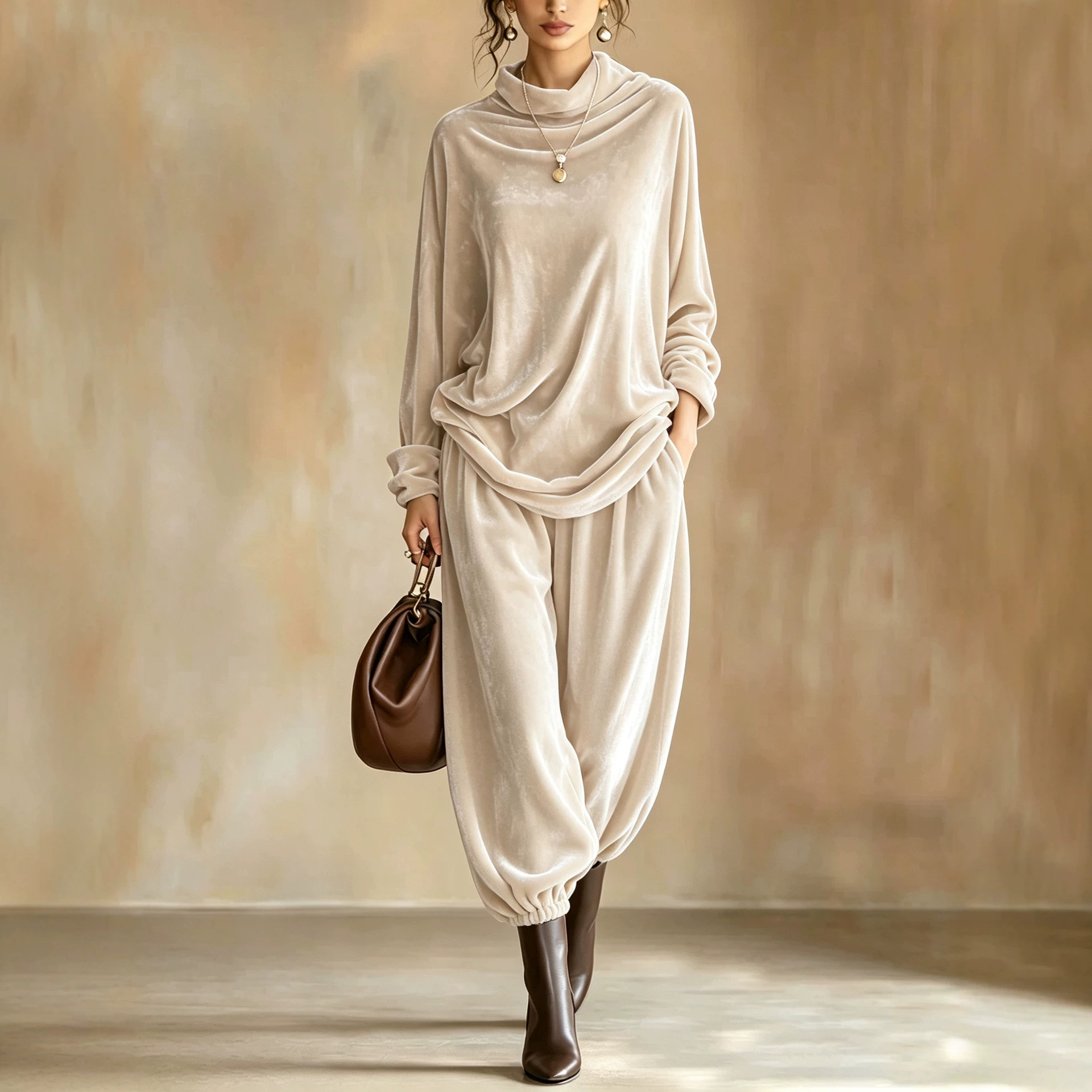 Women's Velvet Two-Piece Set with Cowl Neck Top and Harem Pants