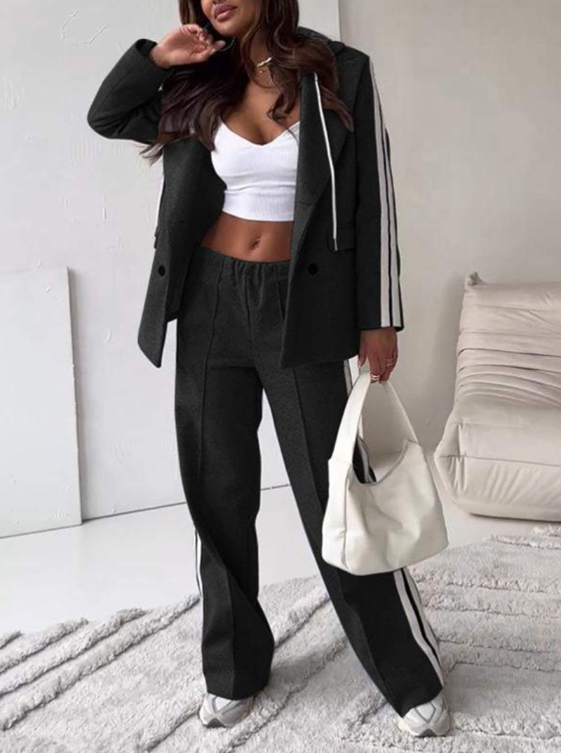 Ribbon Hooded Blazer & Wide-Leg Pants Two-Piece Set