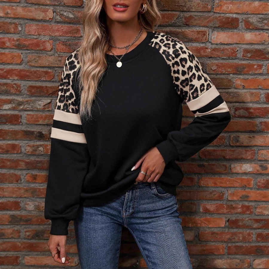 Women's Leopard Colorblock Long-Sleeve Loose Sweatshirt