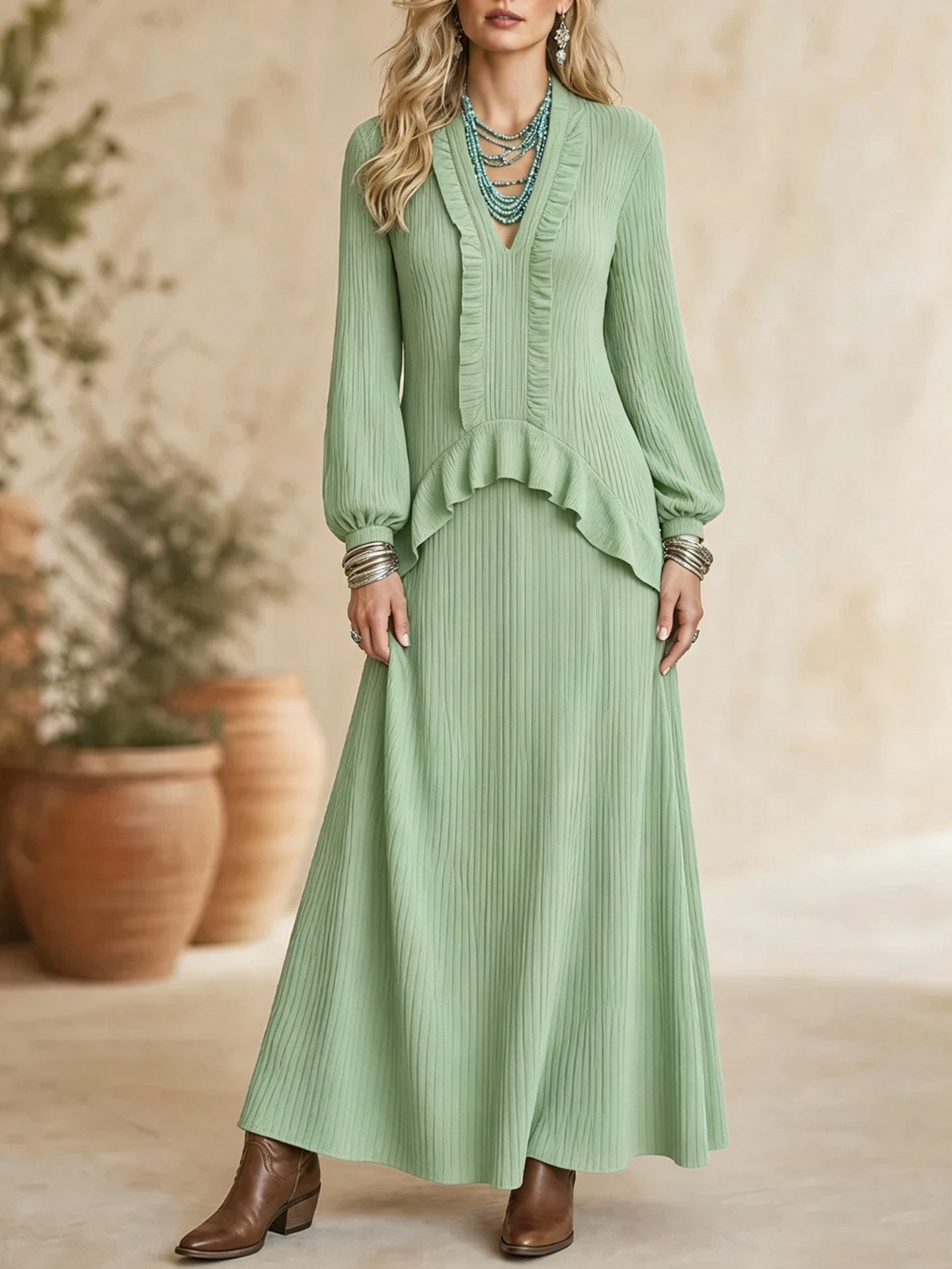 V-Neck Pleated Ruffle Lantern Sleeve Loose Long Dress