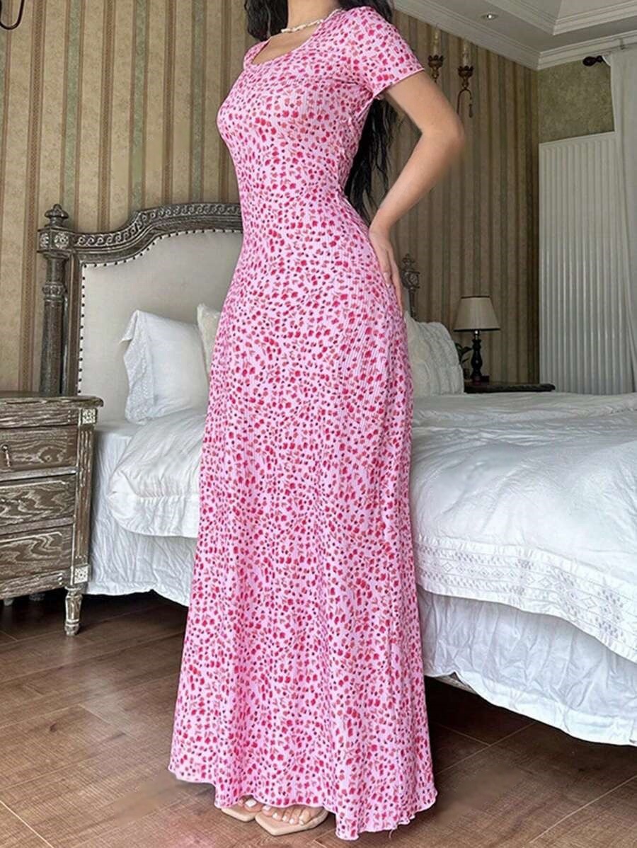 Women's Floral Print U-Neck Back Tie A-Line Midi Dress