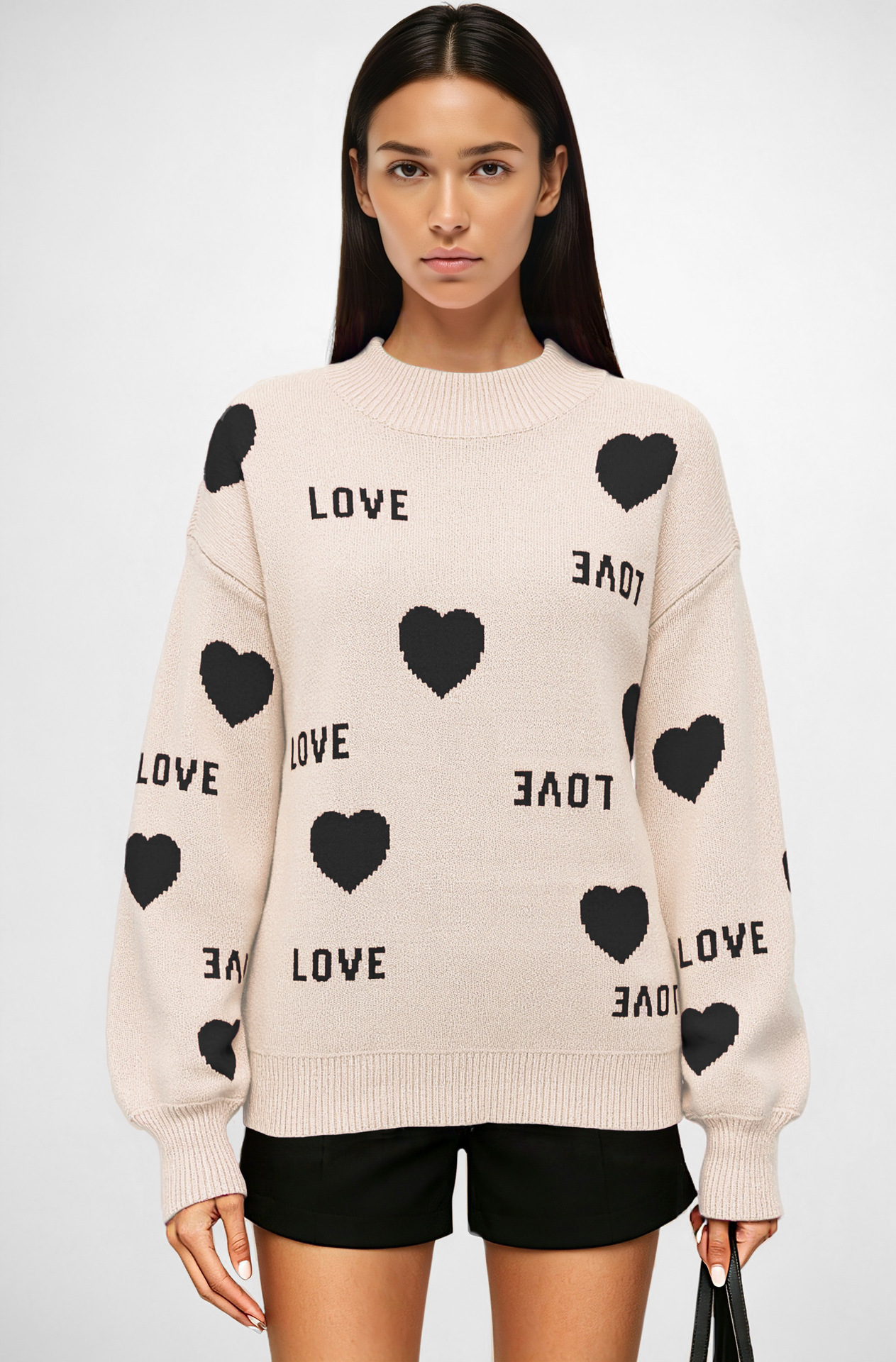 Heart Crewneck Knit Sweater Colorblock Pullover