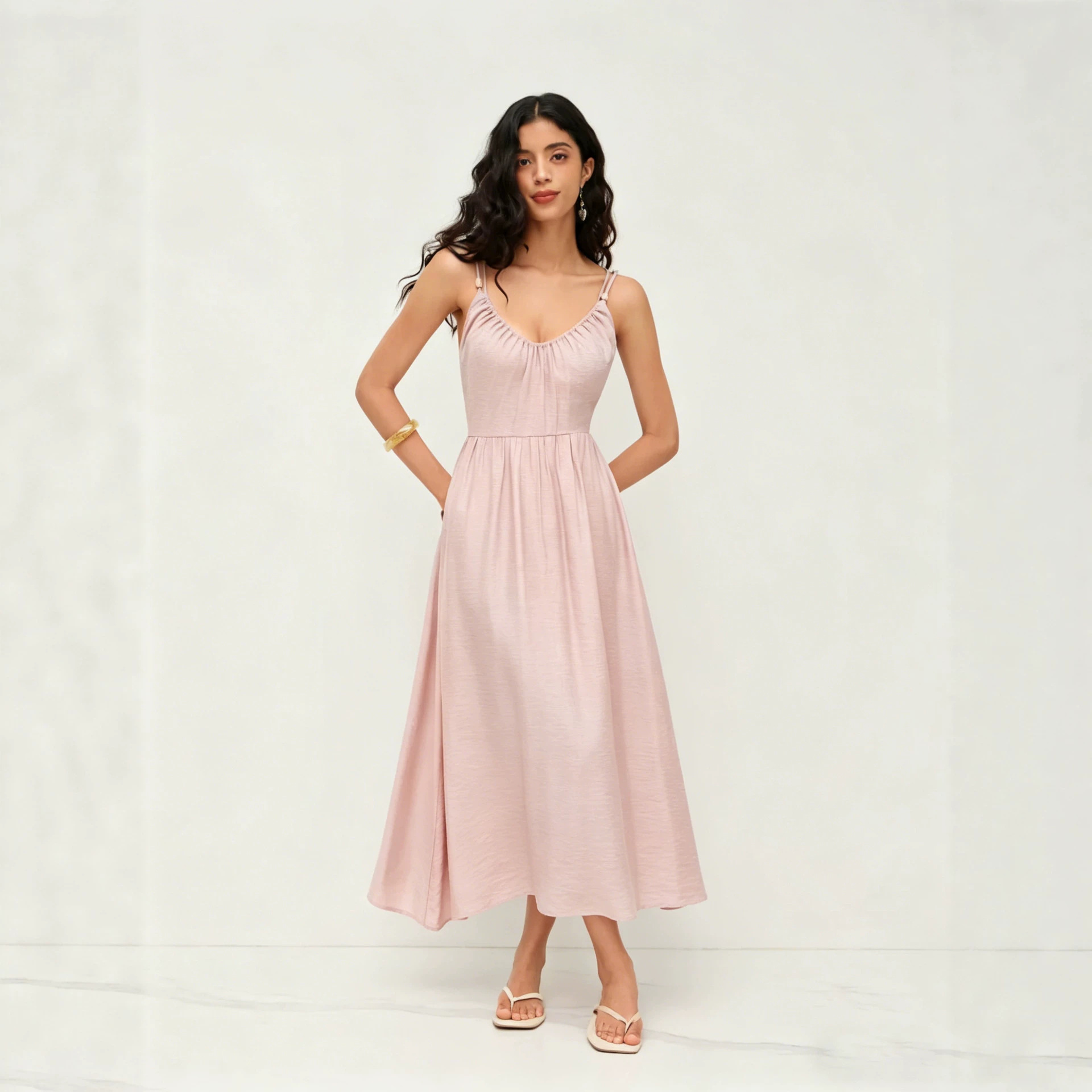 Women's Open Back V-Neck Maxi Dress Sleeveless High Waist Flowy Summer Casual