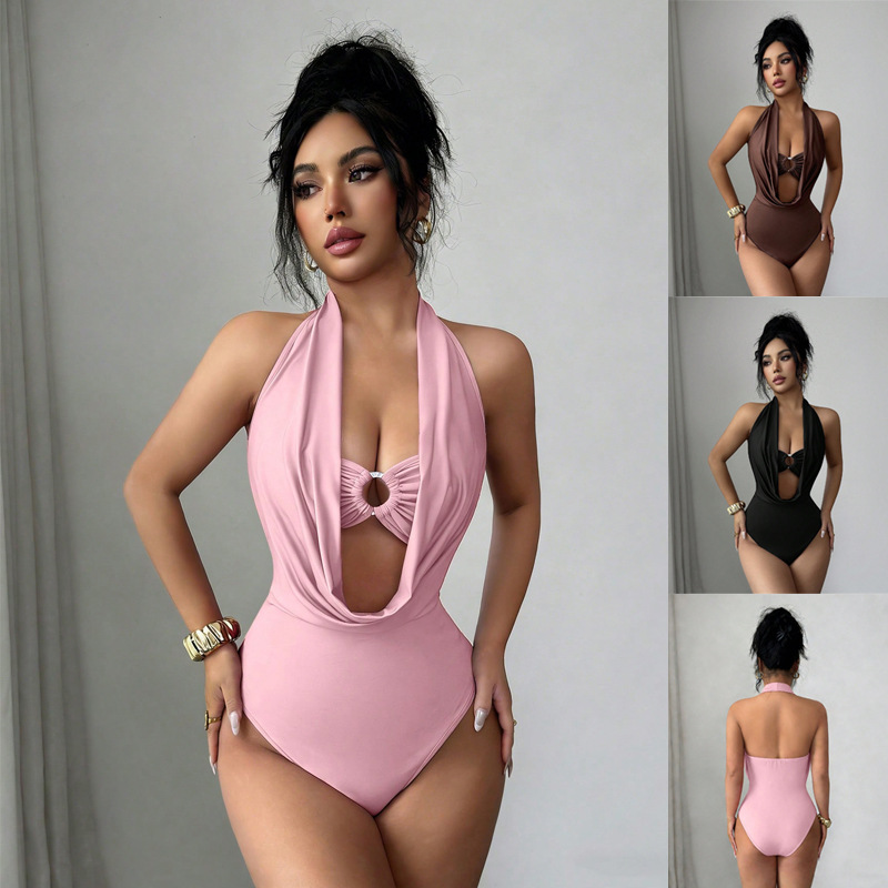 Deep V Halter Cutout Ring Slim Fit Bodysuit