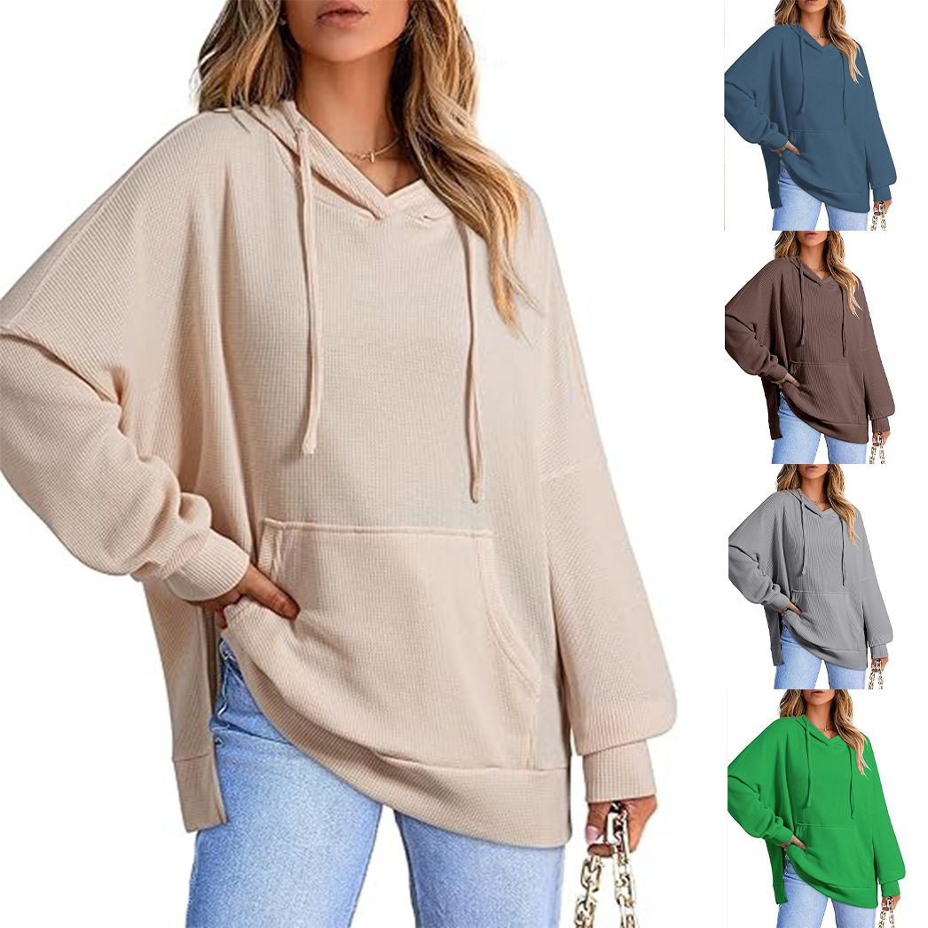 Women's Waffle Knit Hooded Pullover Sweatshirt with Pockets and Side Slits