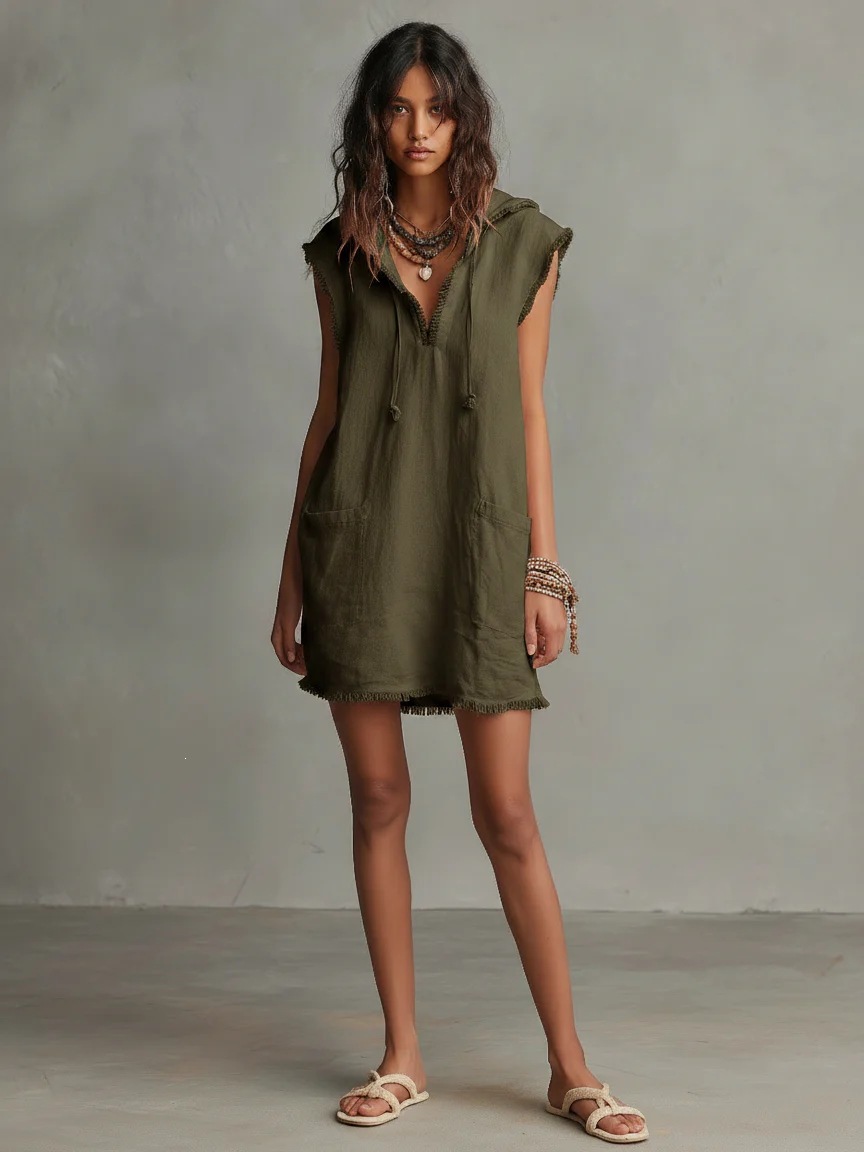 Women's V-Neck Linen-Blend Sleeveless Mini Dress with Hood and Raw Hem