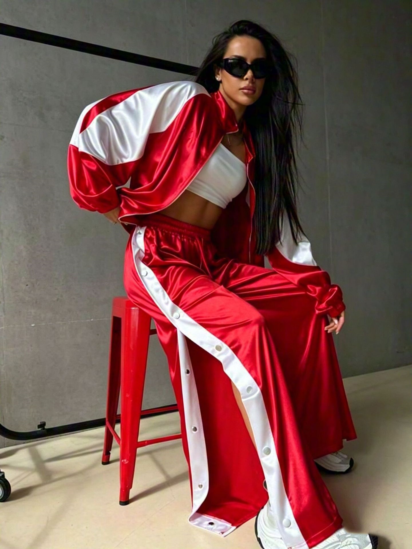 Women's Glossy Satin Tracksuit Set Stand Collar Zip Colorblock Raglan Sleeve Jacket Side Button Pants