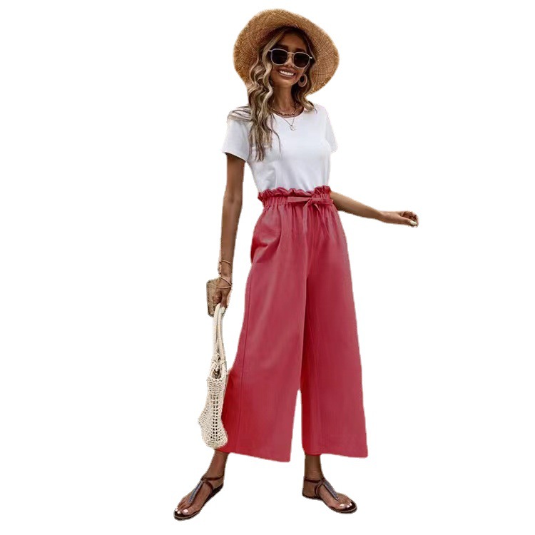 Women's Summer Cotton-Linen Wide-Leg Cropped Pants with Belt