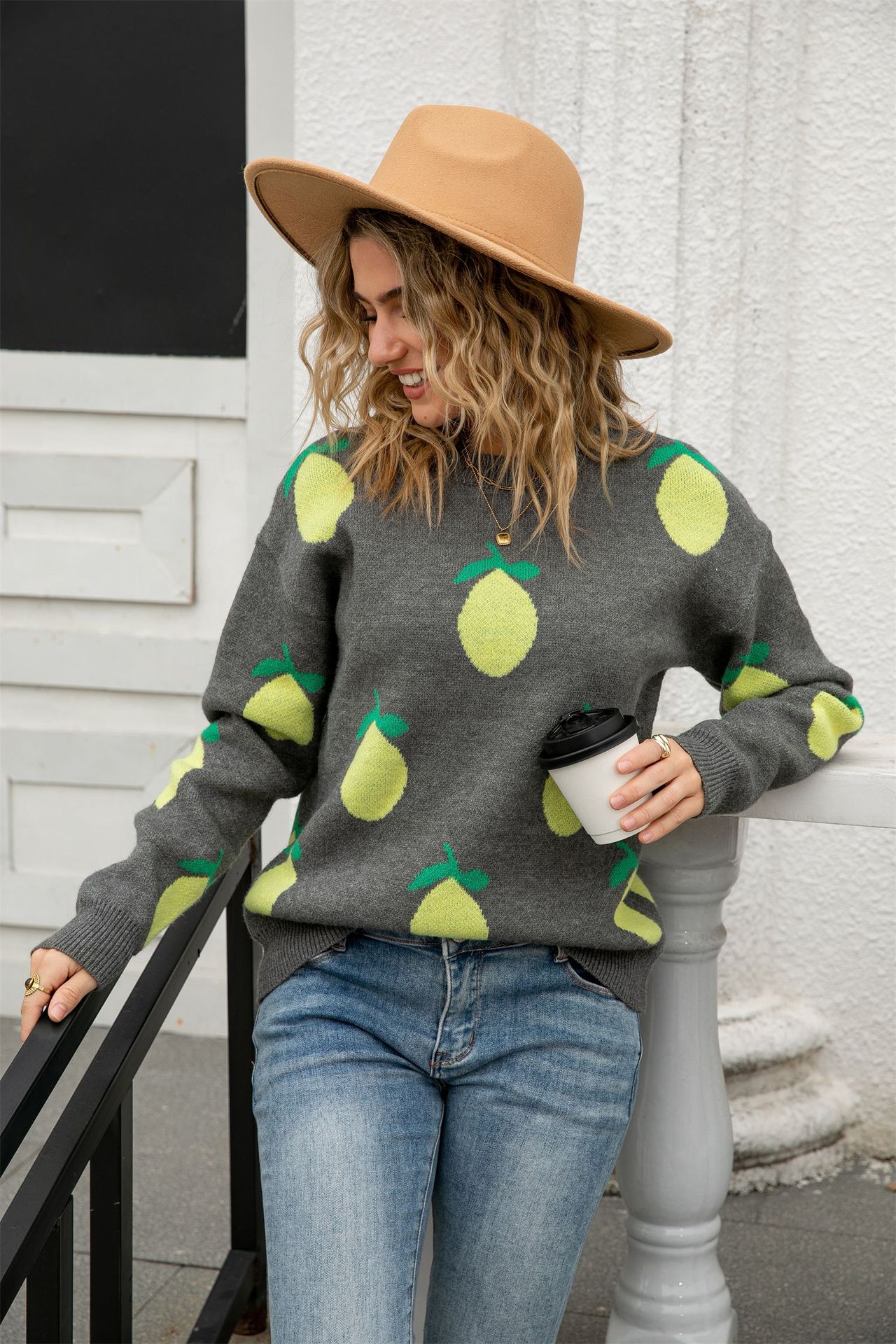 Lemon Jacquard Knit Sweater Women's Loose Crewneck Pullover