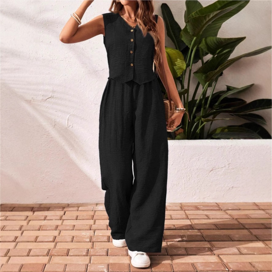 Linen Summer Vest and Pants Set with V-Neck Button-Front Top