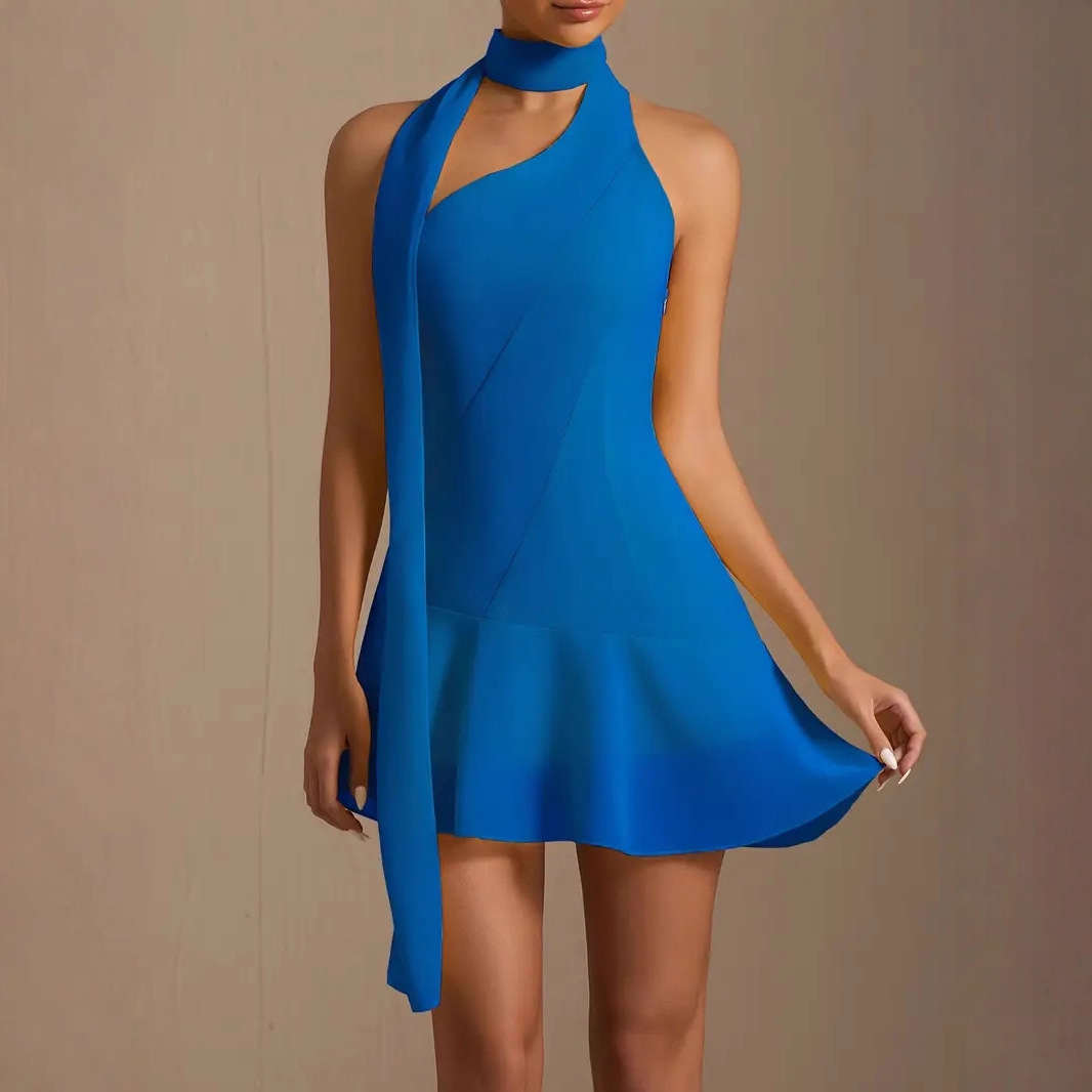 Tie-Neck Sleeveless Pleated Backless Bodycon Mini Dress