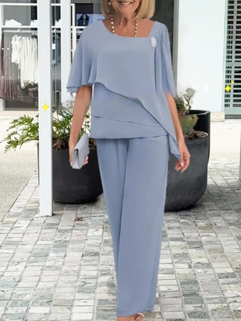 Chiffon Beaded Rhinestone Wide-Leg Pants Two-Piece Set