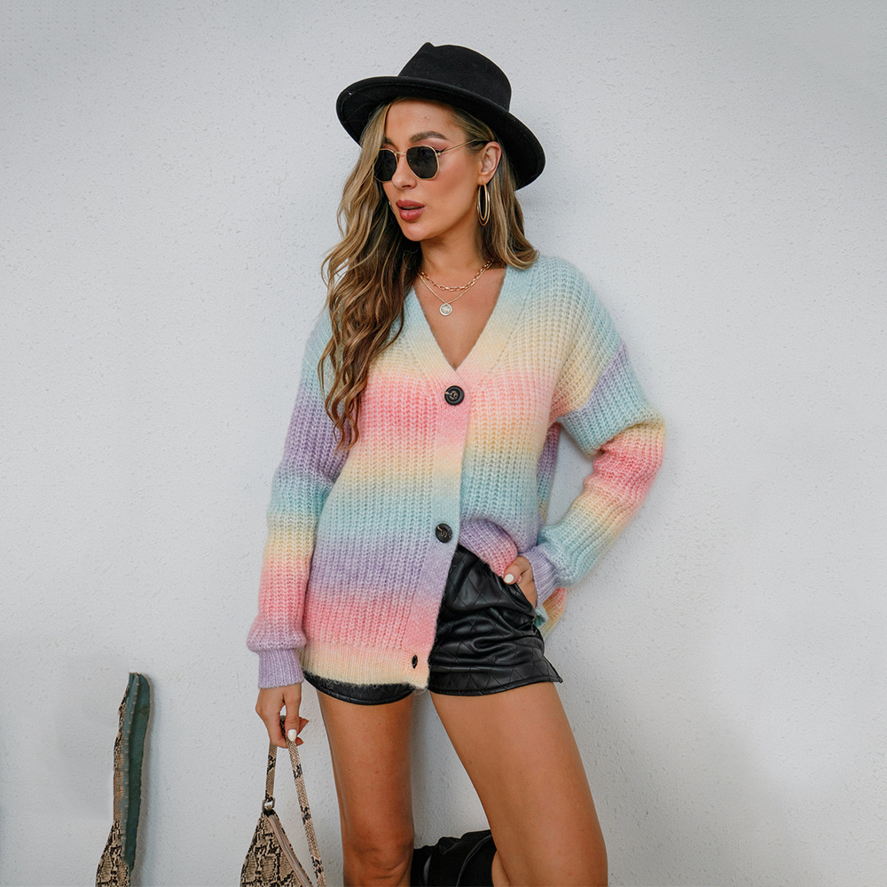 Gradient Rainbow Button-Up Knit Cardigan