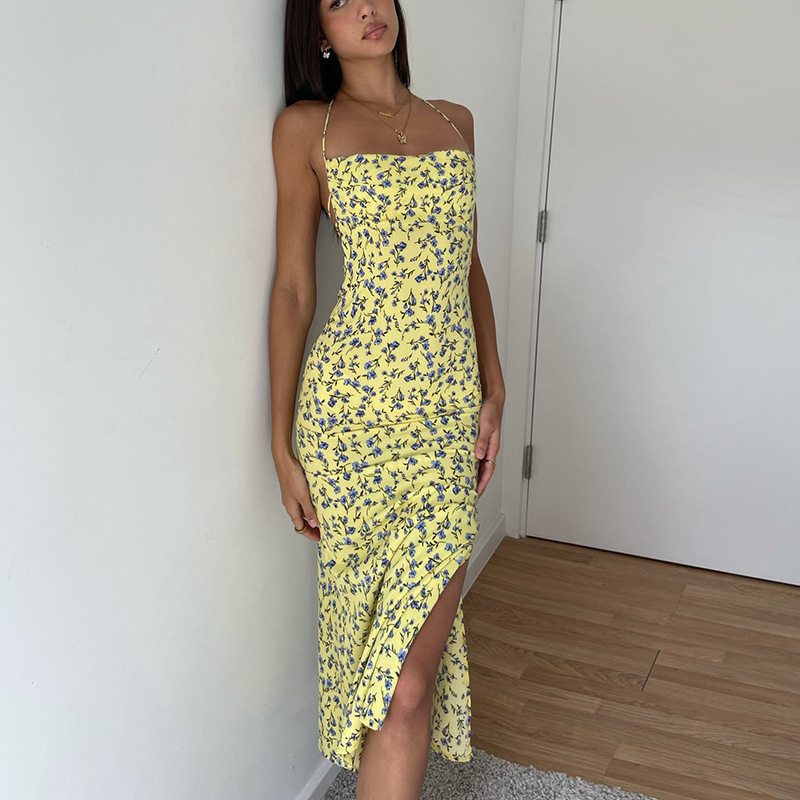 Floral Sleeveless Slit Backless Bodycon Dress