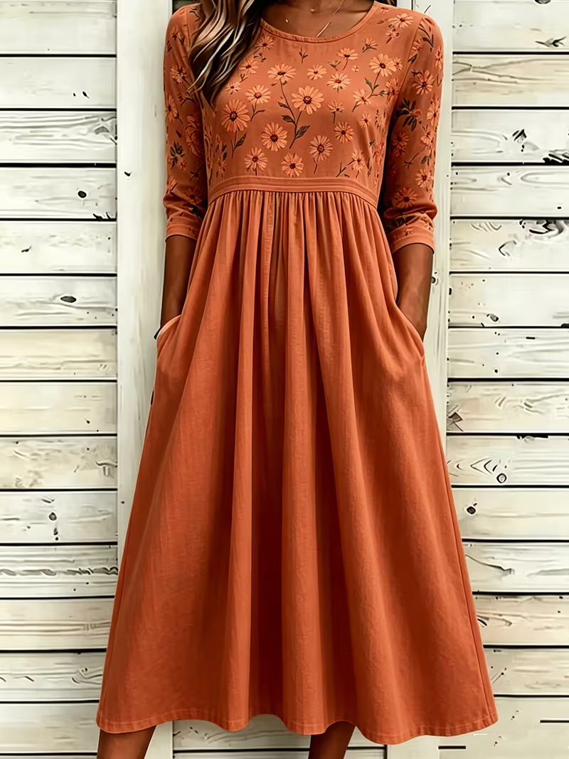 Women's Floral Print Pleated Midi Dress Round Neck Five-Sleeve Slim Fit