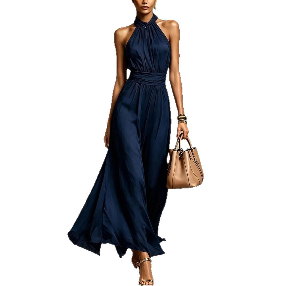 Women's Sleeveless Halter Neck Ruched Waist A-Line Long Dress