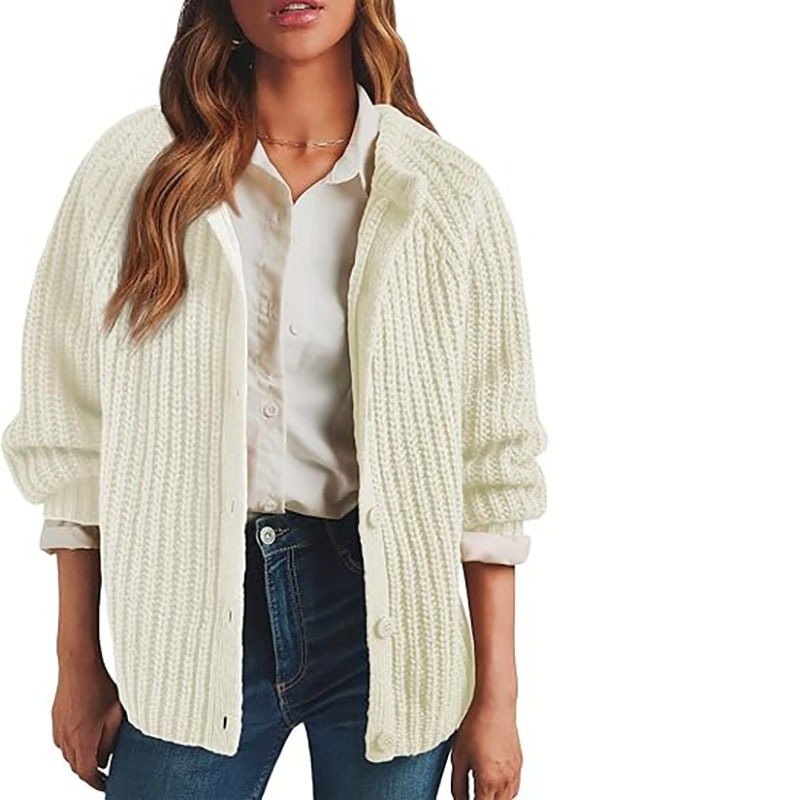 Women's Solid Color Button-Front Knit Cardigan Sweater Long Sleeve Crew Neck